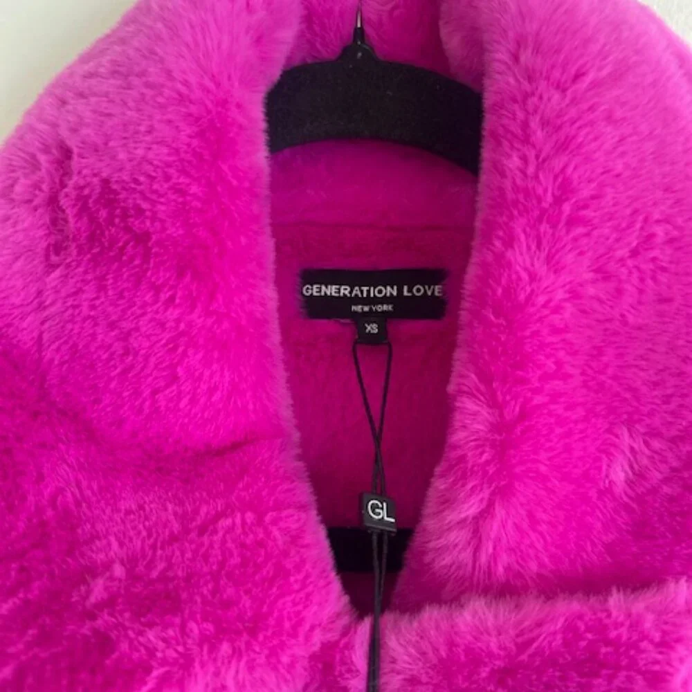 Generation Love Dion Hot Pink Faux Fur Shearling Zip Buckle Moto Jacket NWT XS - Picture 3 of 16